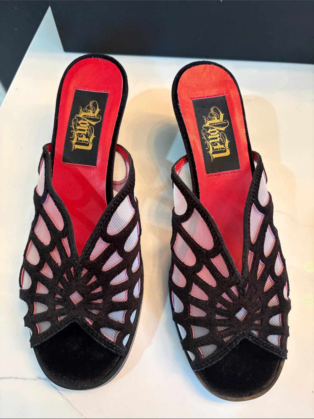Kat Von D Black Webbed Adele Kitten Heel Slide Mules - Picture 8 of 10